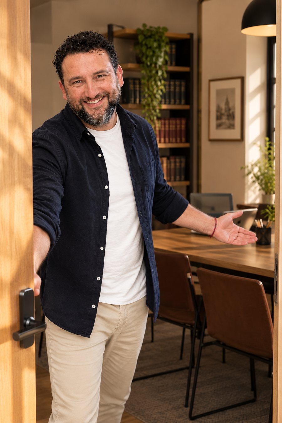 El Dr. Lucas E. Mateos abre la puerta del estudio y da la bienvenida